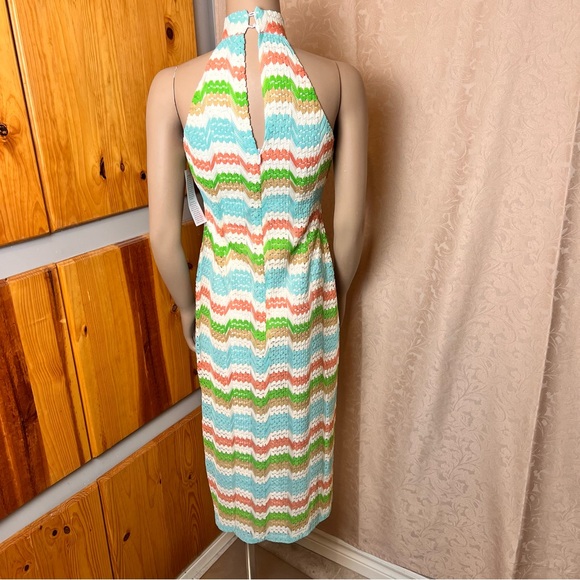 DONNA MORGAN Colourful Crochet Knit Mock Neck Fitted Midi Dress - Size 0 - Picture 6 of 16